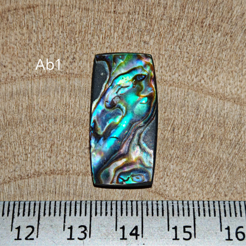 Abalone kagylóhéj kaboson, Ab1, élénk türkiz, kék és zöld irizáló színekkel, milliméteres vonalzó mellett.