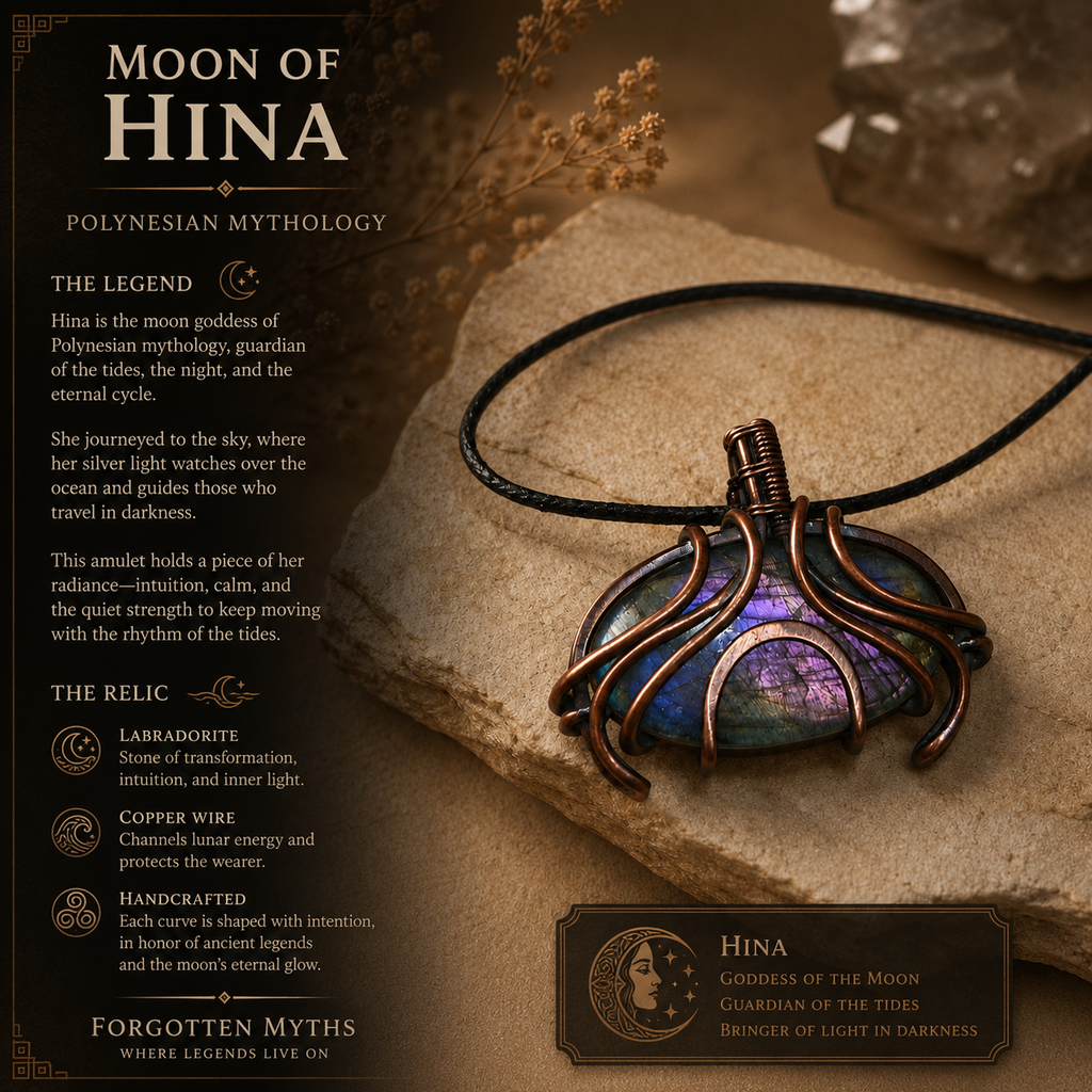 Moon of Hina – polináz mitológia ihlette lila labradorit vörösréz drótfonásos medál. Intuíció, nyugalom és holdenergia – Hina holdistennő legendájából.