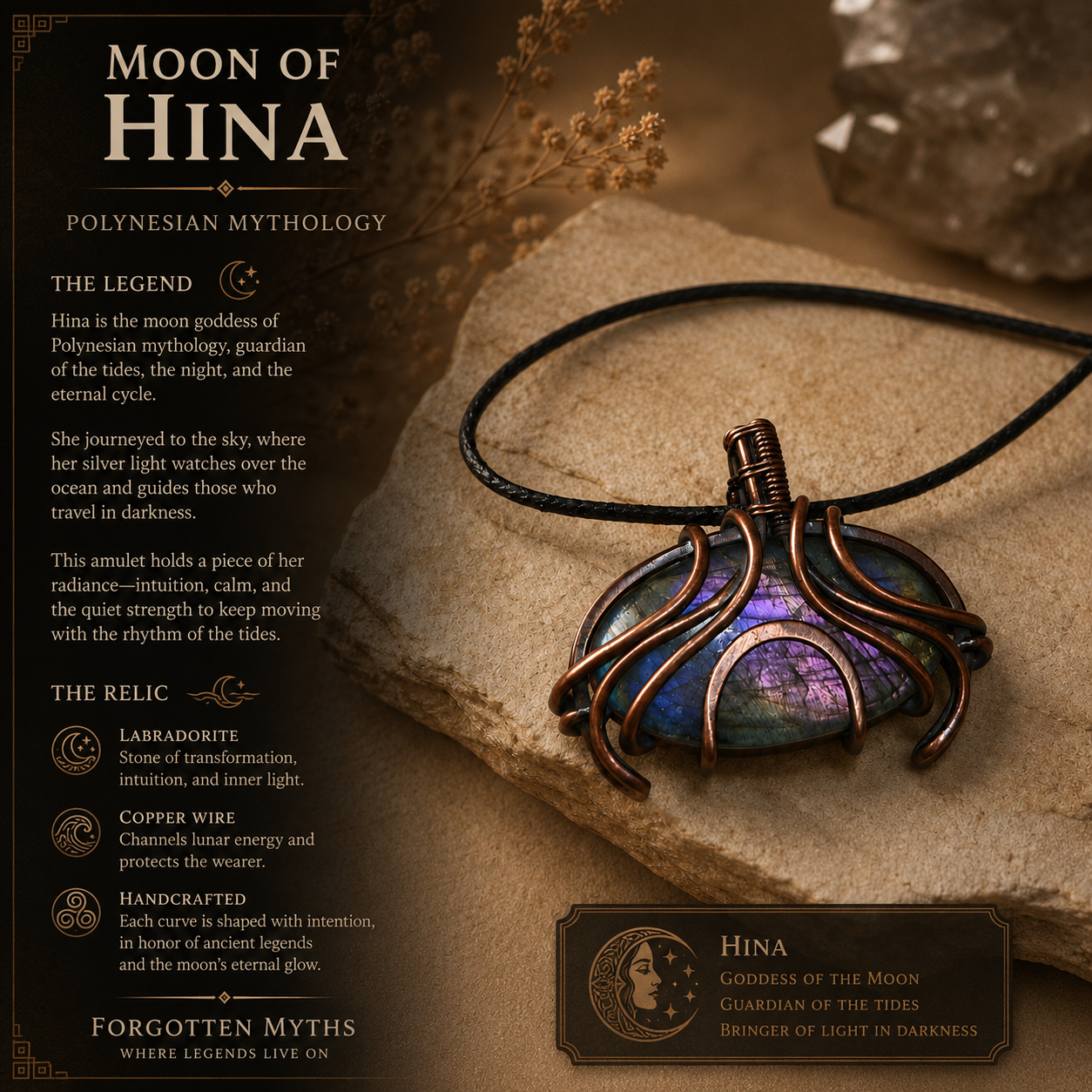 Moon of Hina – polináz mitológia ihlette lila labradorit vörösréz drótfonásos medál. Intuíció, nyugalom és holdenergia – Hina holdistennő legendájából.