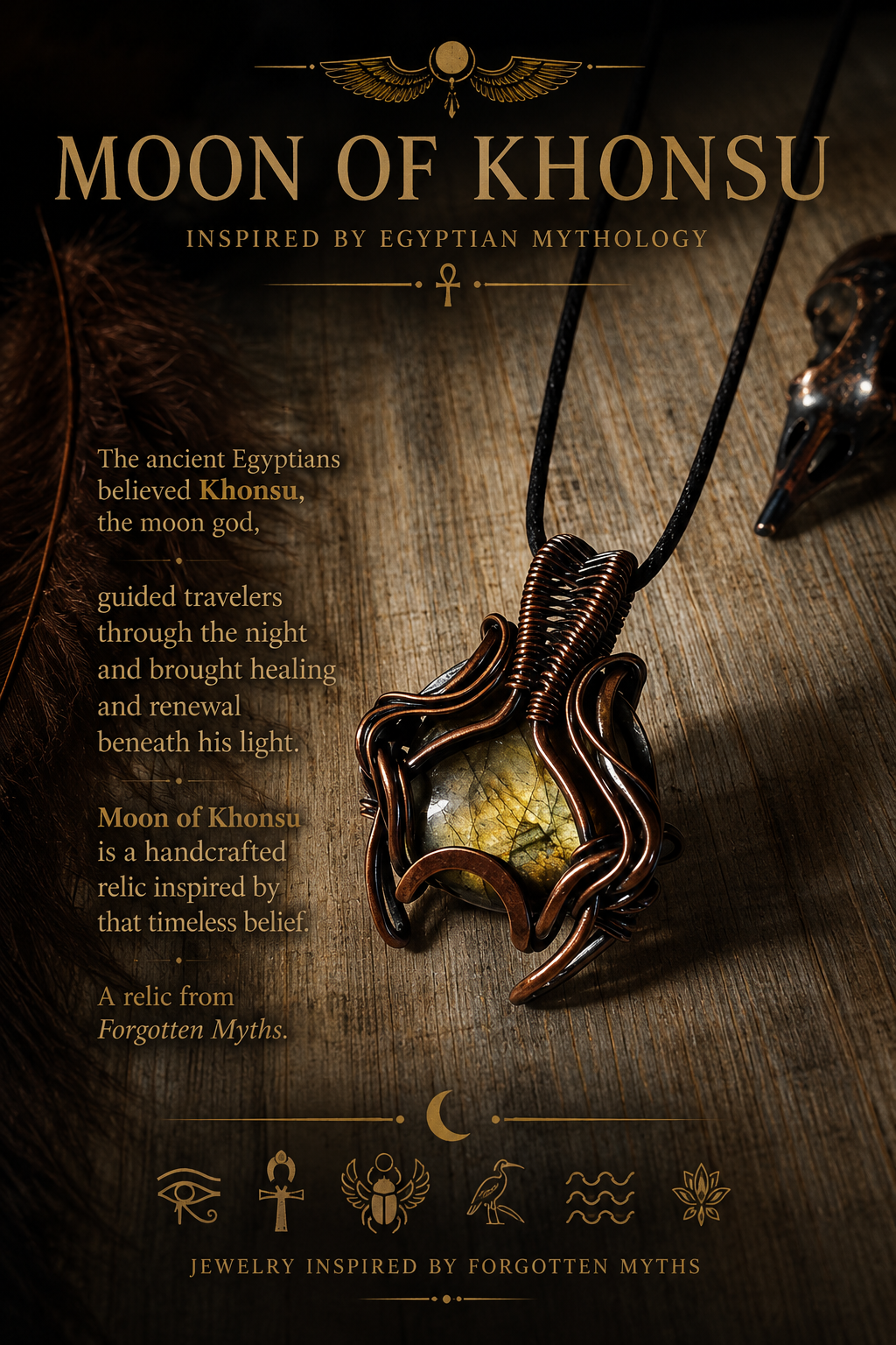 Moon of Khonsu – kézzel készített labradorit vörösréz drótfonásos medál, egyiptomi mitológia ihlette, Forgotten Myths kollekció