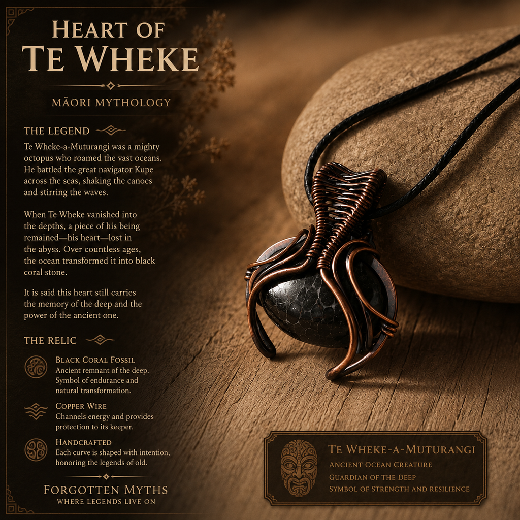 Heart of Te Wheke – kézzel készített fekete korall fosszília vörösréz medál, Māori mitológia ihlette. Te Wheke-a-Muturangi legendája, az ősi óceáni lény.