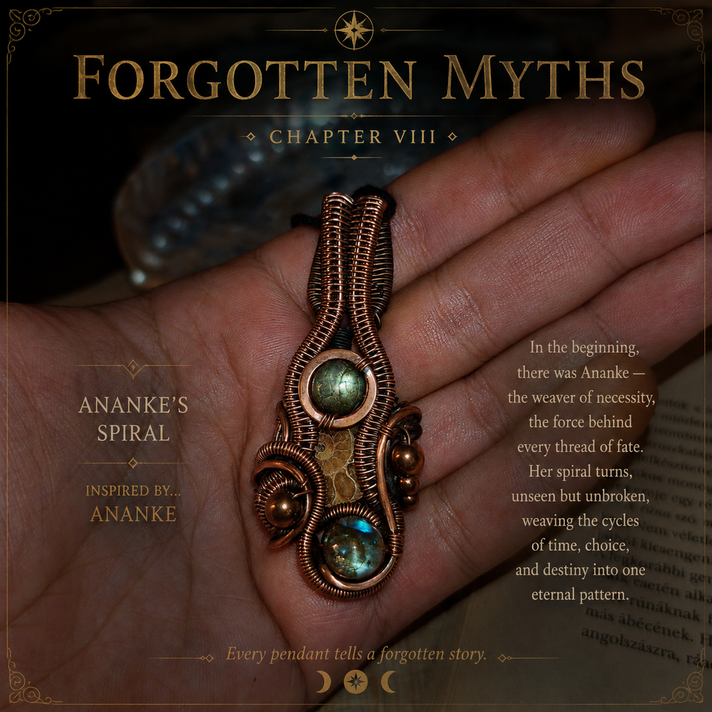 Ananke's Spiral – Forgotten Myths VIII. fejezet, kézzel készített labradorit vörösréz medál kézben tartva, görög mitológia ihlette
