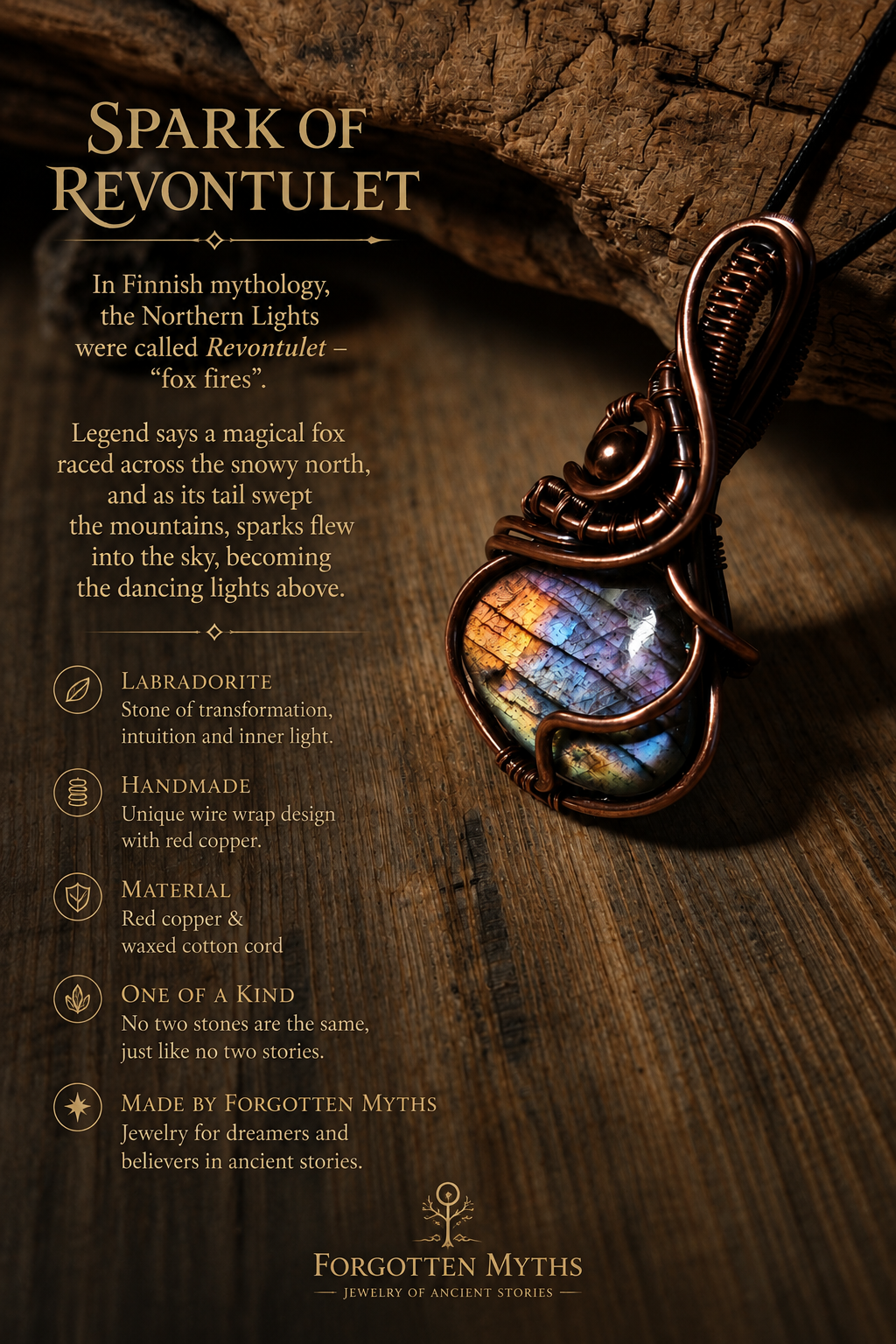 Spark of Revontulet – Forgotten Myths kollekció infografika, kézzel készített labradorit vörösréz medál, finn Revontulet sarki fény legenda ihlette