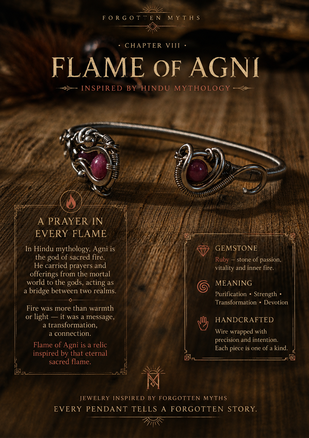 Flame of Agni – Forgotten Myths VIII. fejezet infografika, kézzel készített rubin orvosi acél drótfonásos karperec, hindu mitológia ihlette
