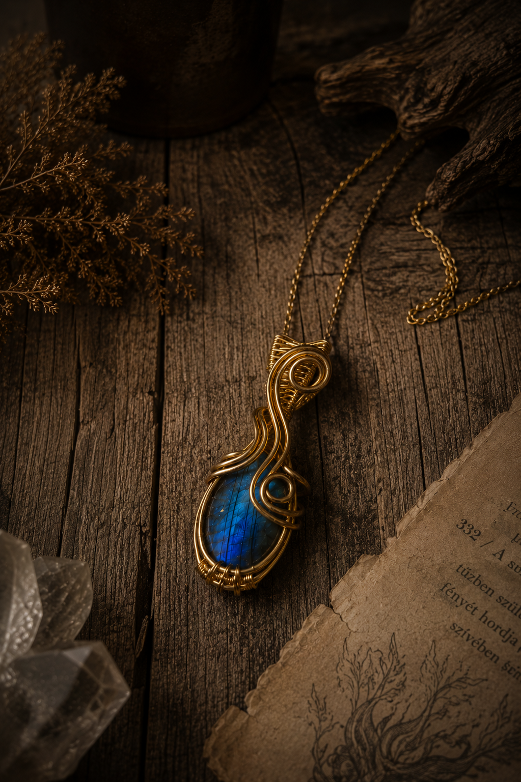 Brigid's Flame labradorit sárgaréz drótfonásos medál arany acél láncon, rusztikus fa felületen, régi könyv és kvarc kristály a háttérben – YourCrystal