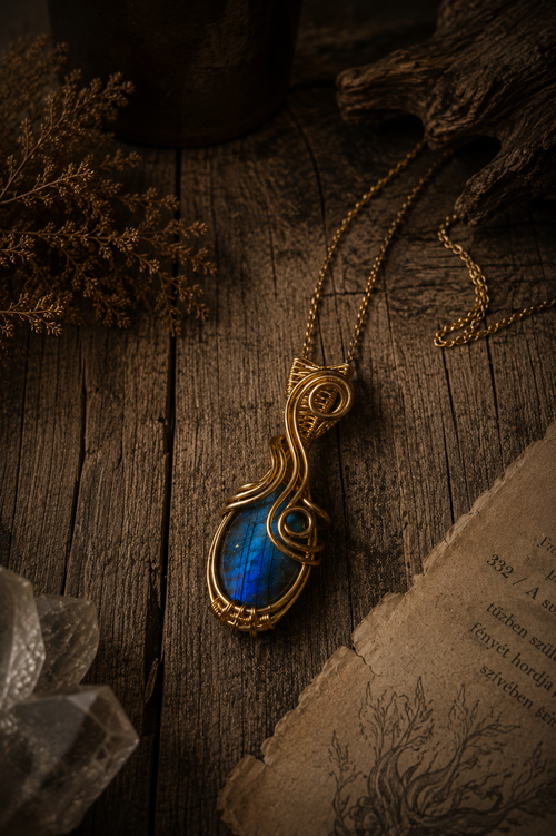 Brigid's Flame labradorit sárgaréz drótfonásos medál arany acél láncon, rusztikus fa felületen, régi könyv és kvarc kristály a háttérben – YourCrystal