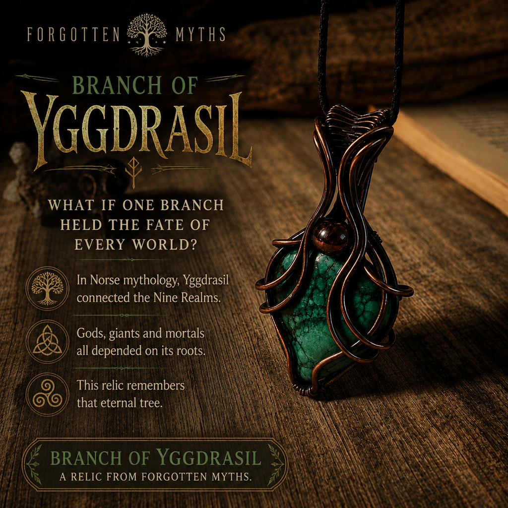 Branch of Yggdrasil malachit medál antikolt vörösréz drótfonásban, fa felületen – YourCrystal