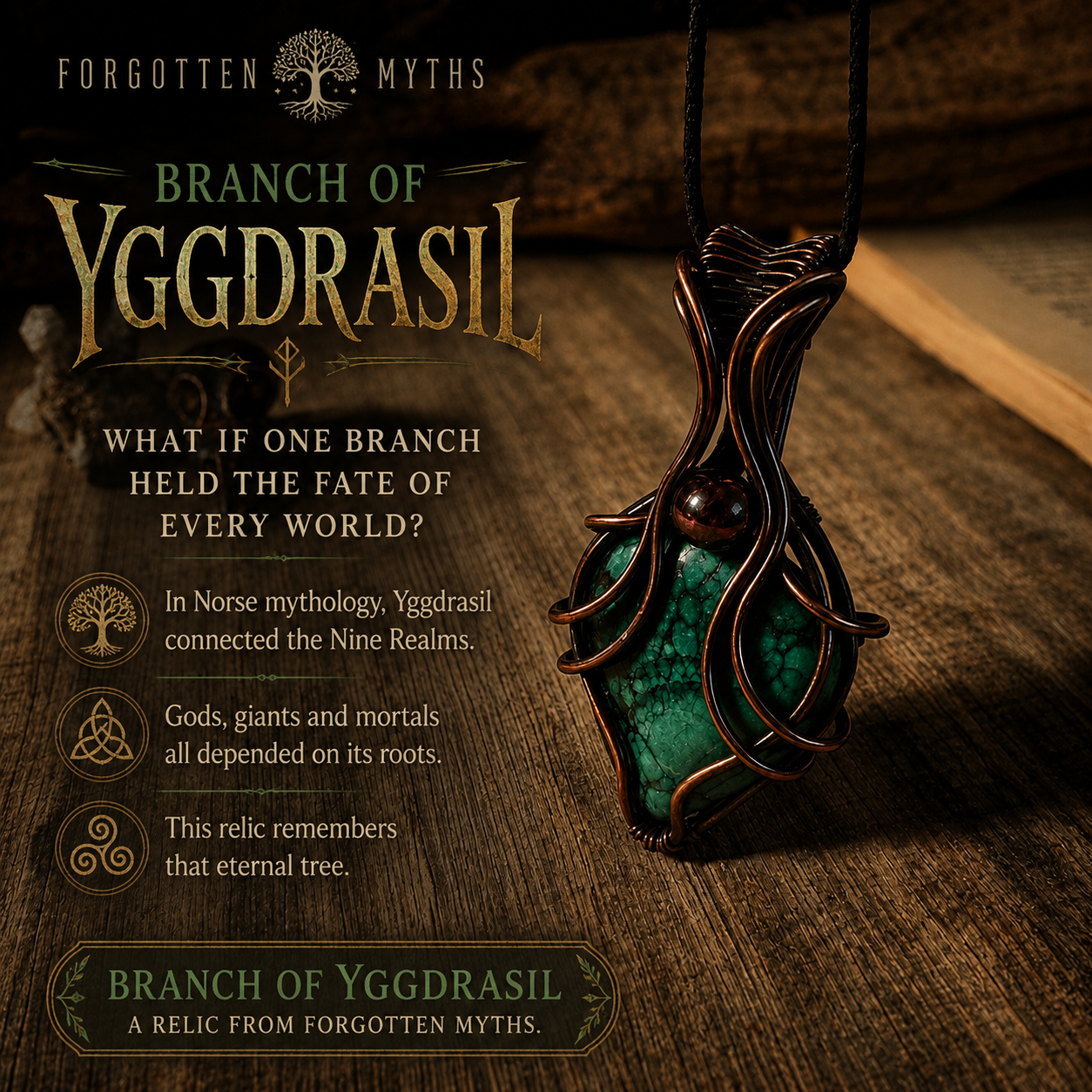 Branch of Yggdrasil malachit medál antikolt vörösréz drótfonásban, fa felületen – YourCrystal