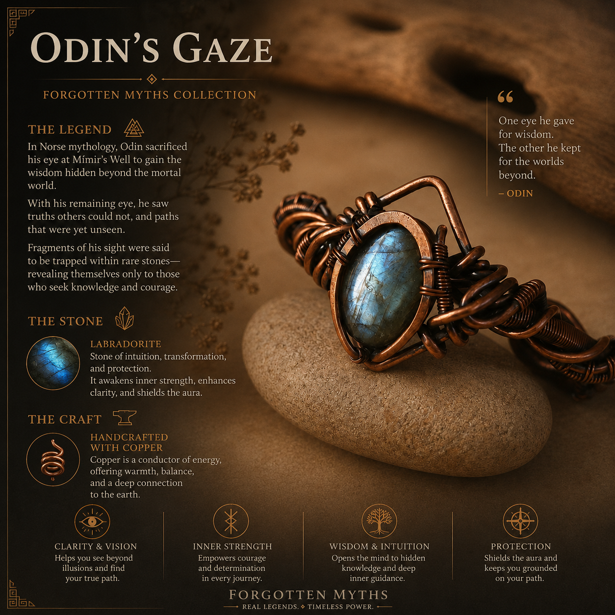 Odin's Gaze – norvég mitológia ihlette labradorit vörösréz drótfonásos karperec. Bátorság, intuíció és bölcsesség – Odin örök tekintetének erejével.
