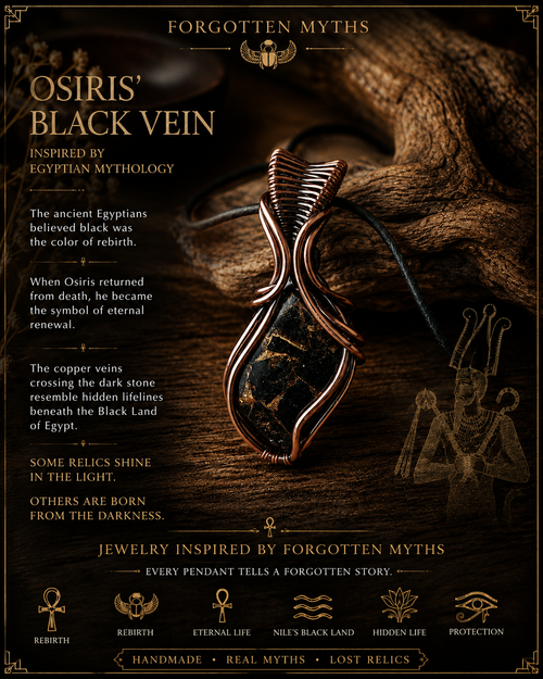 Osiris' Black Vein – egyiptomi mitológia ihlette fekete kő vörösréz drótfonásos medál. Újjászületés, örök élet és az egyiptomi Fekete Föld szimbolikája.
