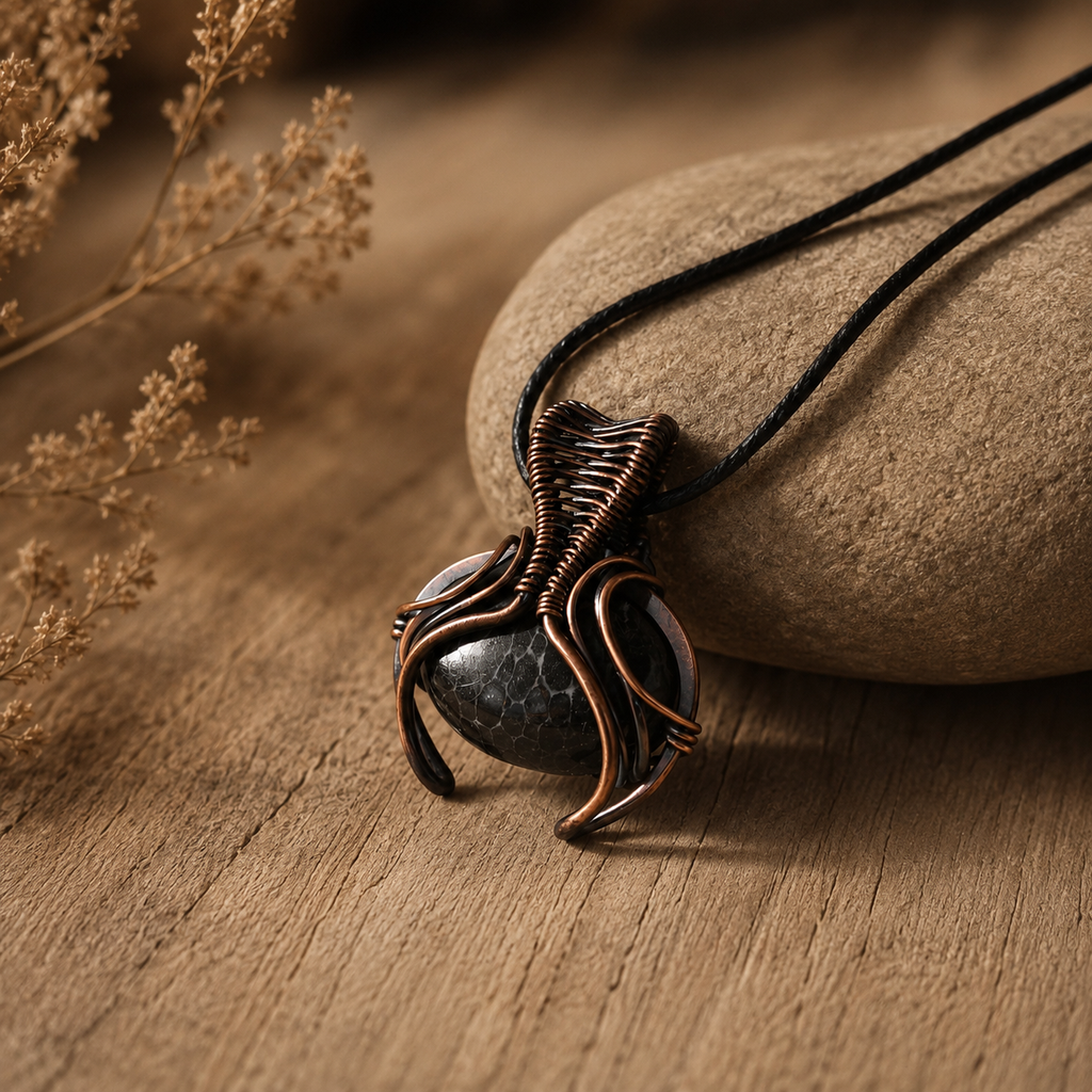 Heart of Te Wheke fekete korall fosszília vörösréz medál fekete viaszolt zsinóron, sima kövön pihenve – kézzel készített drótfonásos ékszer a YourCrystaltól.