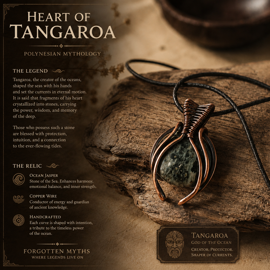 Heart of Tangaroa – óceánjáspis vörösréz drótfonásos medál, Polináz mitológia ihlette. Tangaroa, az óceán teremtő istene.