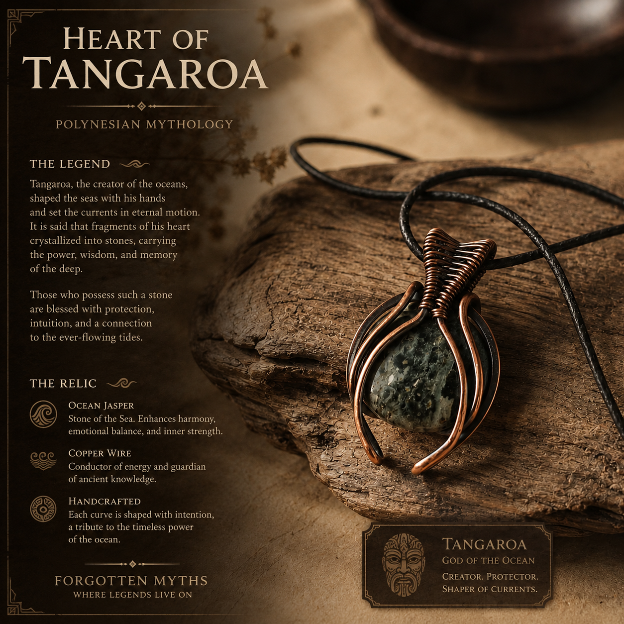 Heart of Tangaroa – óceánjáspis vörösréz drótfonásos medál, Polináz mitológia ihlette. Tangaroa, az óceán teremtő istene.