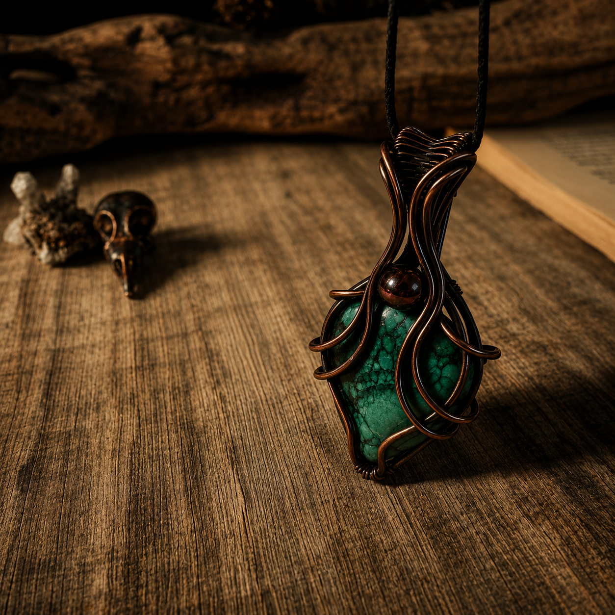 Branch of Yggdrasil – kézzel készített malachit vörösréz medál, Norse mitológia ihlette, Forgotten Myths kollekció