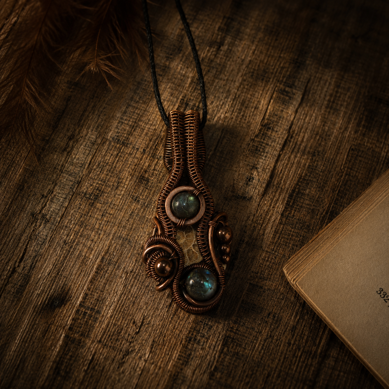 Ananke's Spiral labradorit és ammonitek medál antikolt vörösréz drótfonásban, rusztikus fa felületen, régi könyv mellett – YourCrystal