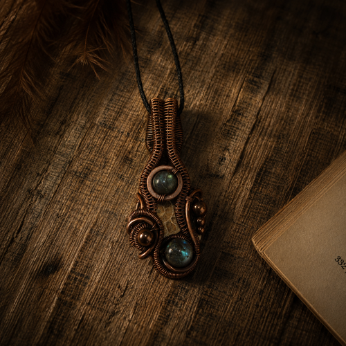 Ananke's Spiral labradorit és ammonitek medál antikolt vörösréz drótfonásban, rusztikus fa felületen, régi könyv mellett – YourCrystal