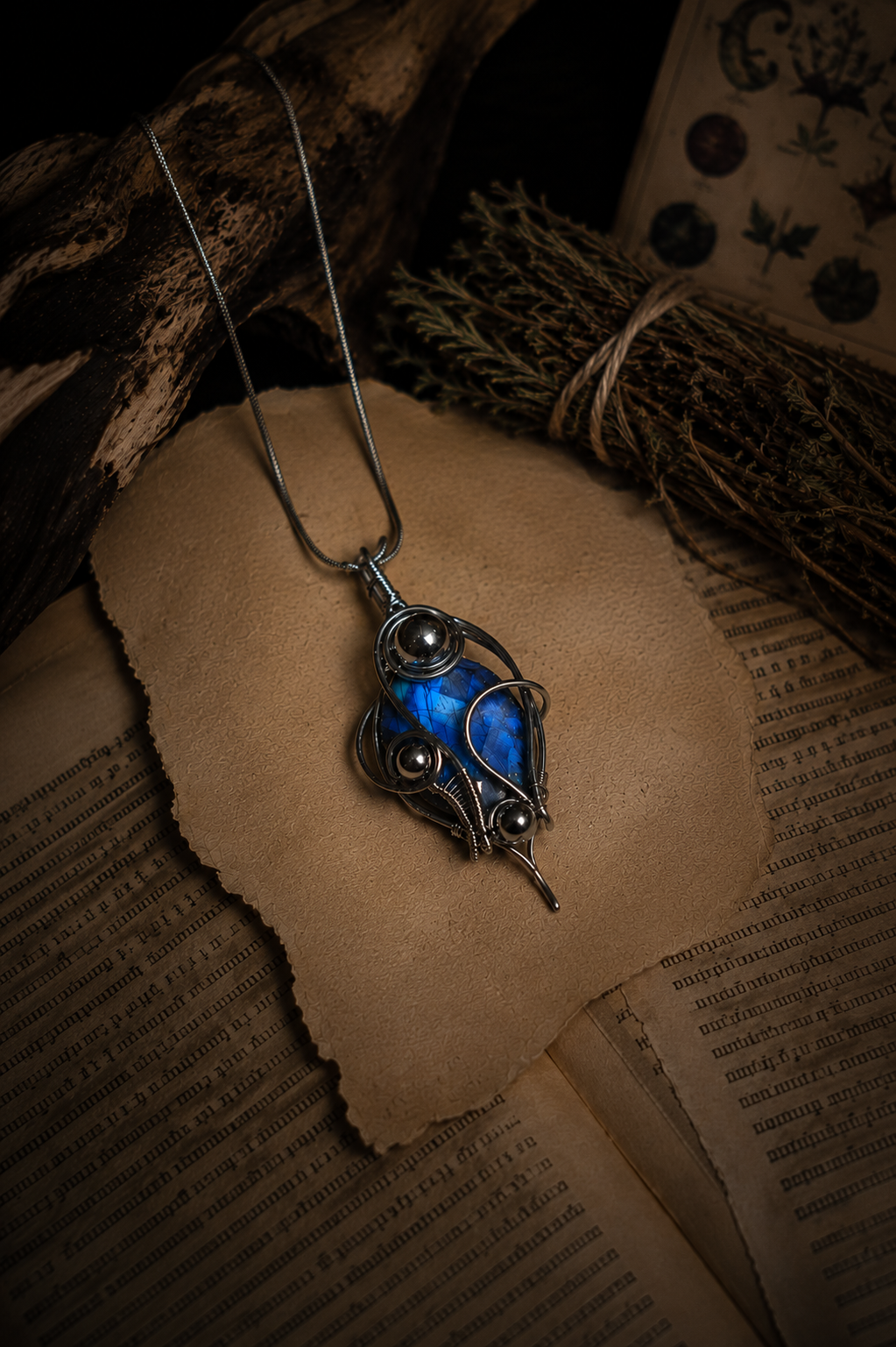 Blue labradorite cabochon pendant detail – copper wire wrap | YourCrystal