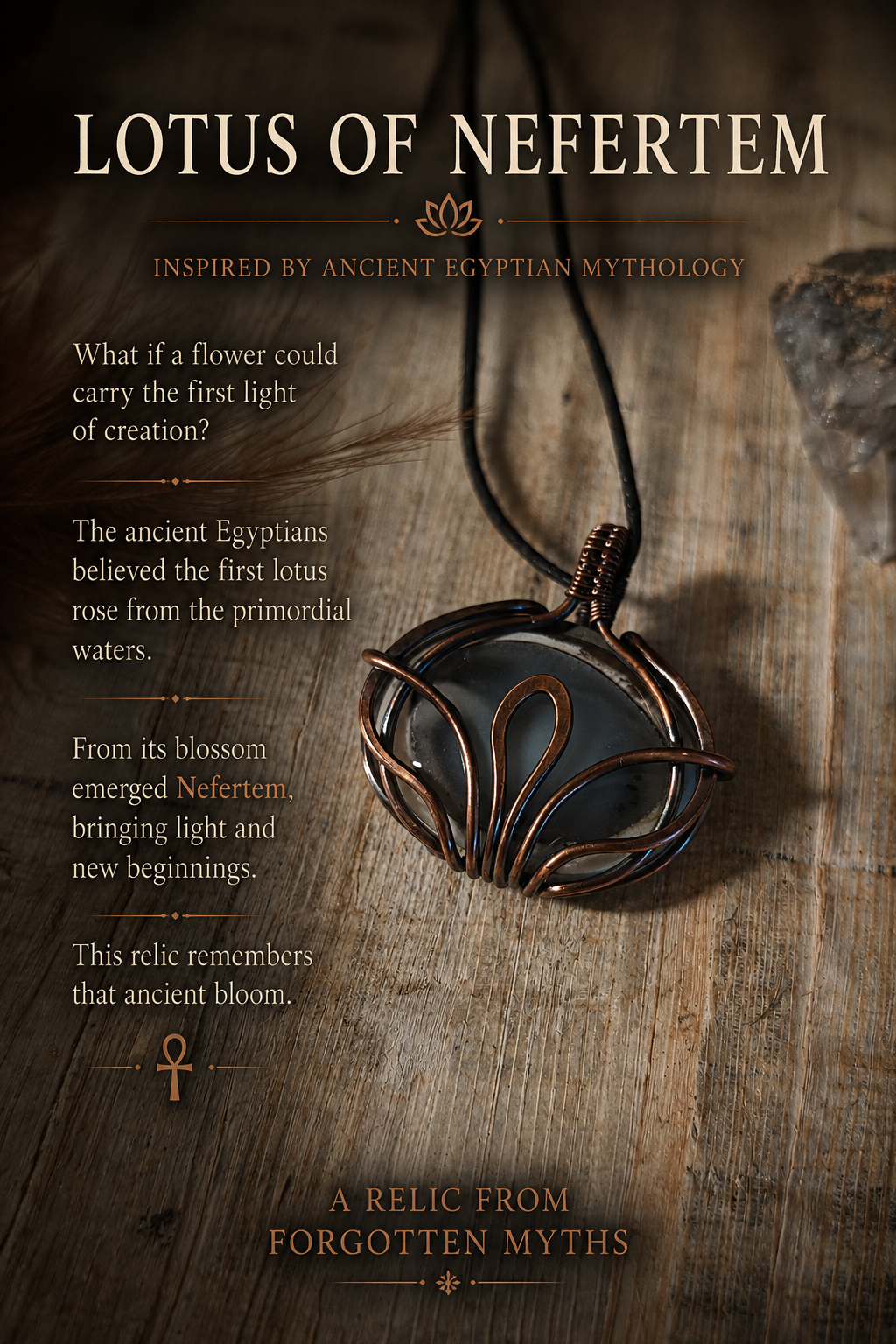 Lotus of Nefertem – kézzel készített merlinit vörösréz drótfonásos medál, ókori egyiptomi mitológia ihlette, Forgotten Myths kollekció