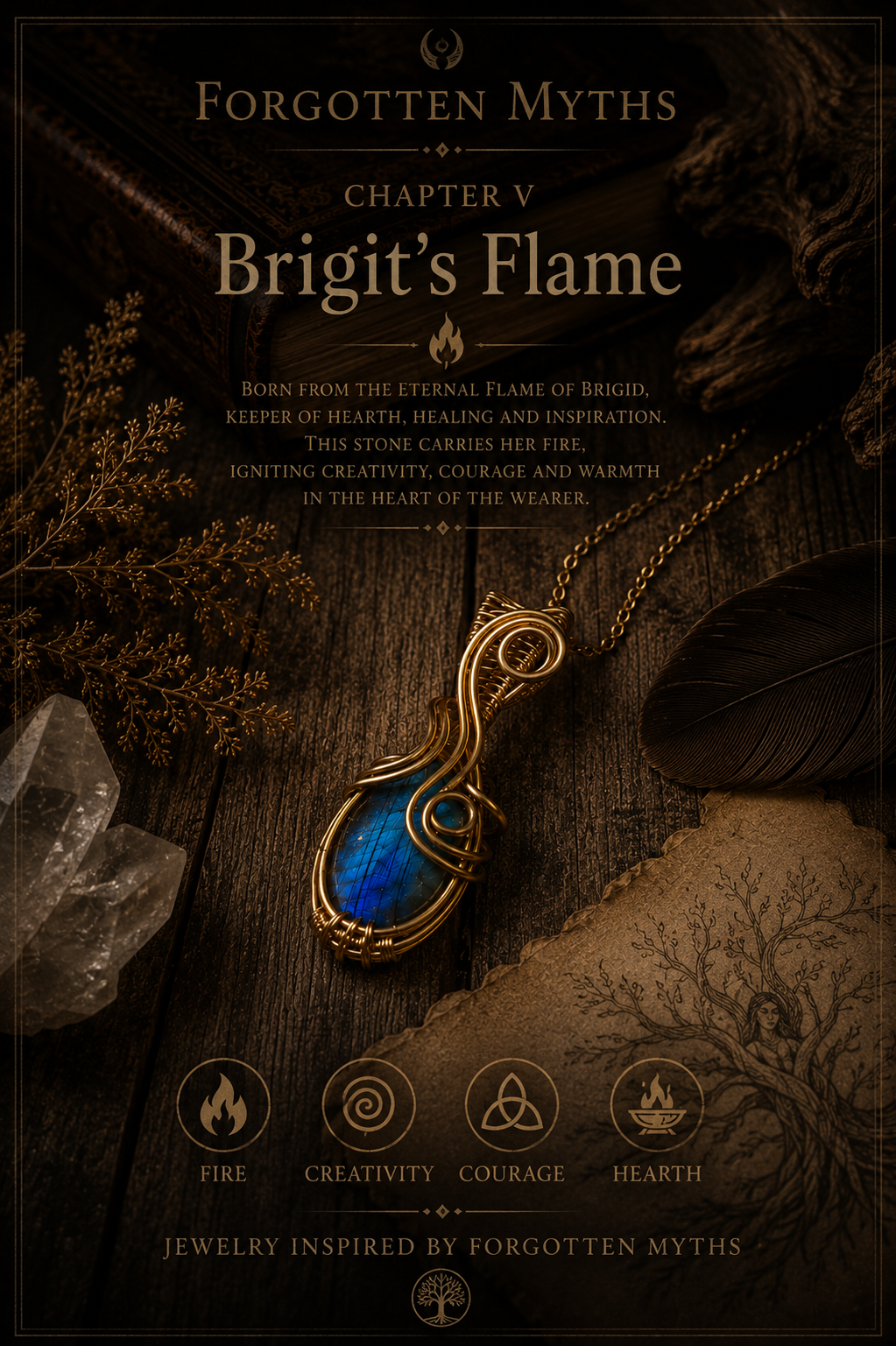 Brigid's Flame – Forgotten Myths V. fejezet infografika, kézzel készített kék labradorit sárgaréz medál, kelta istennő Brigid örök lángja ihlette