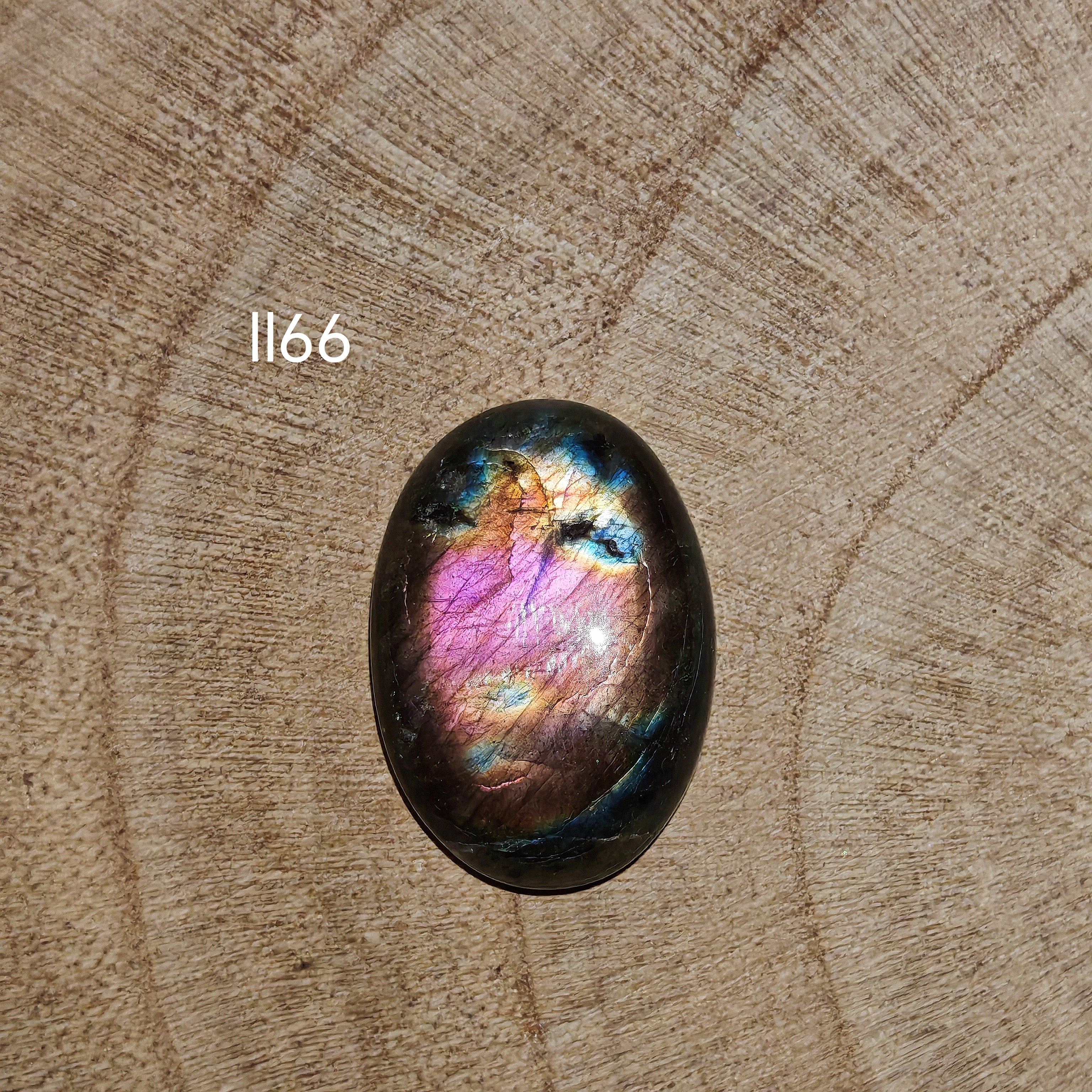 Lila labradorit kabochon Ll66 – ovális, meleg rózsaszín-ibolya flash, méretreferencia körrel

