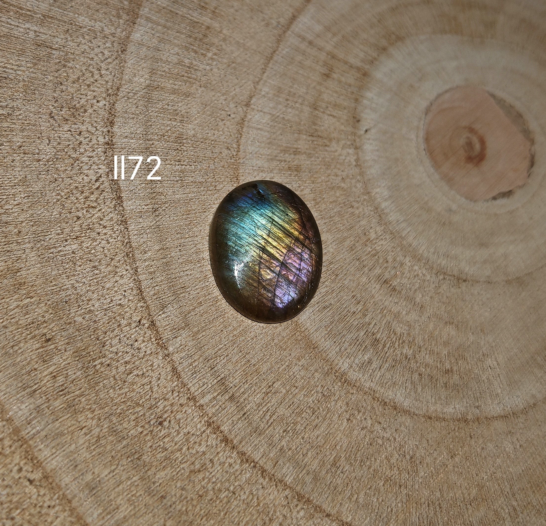 Lila labradorit kabochon Ll72 – ovális, kék-zöld-ibolya multicolor flash, méretreferencia körrel

