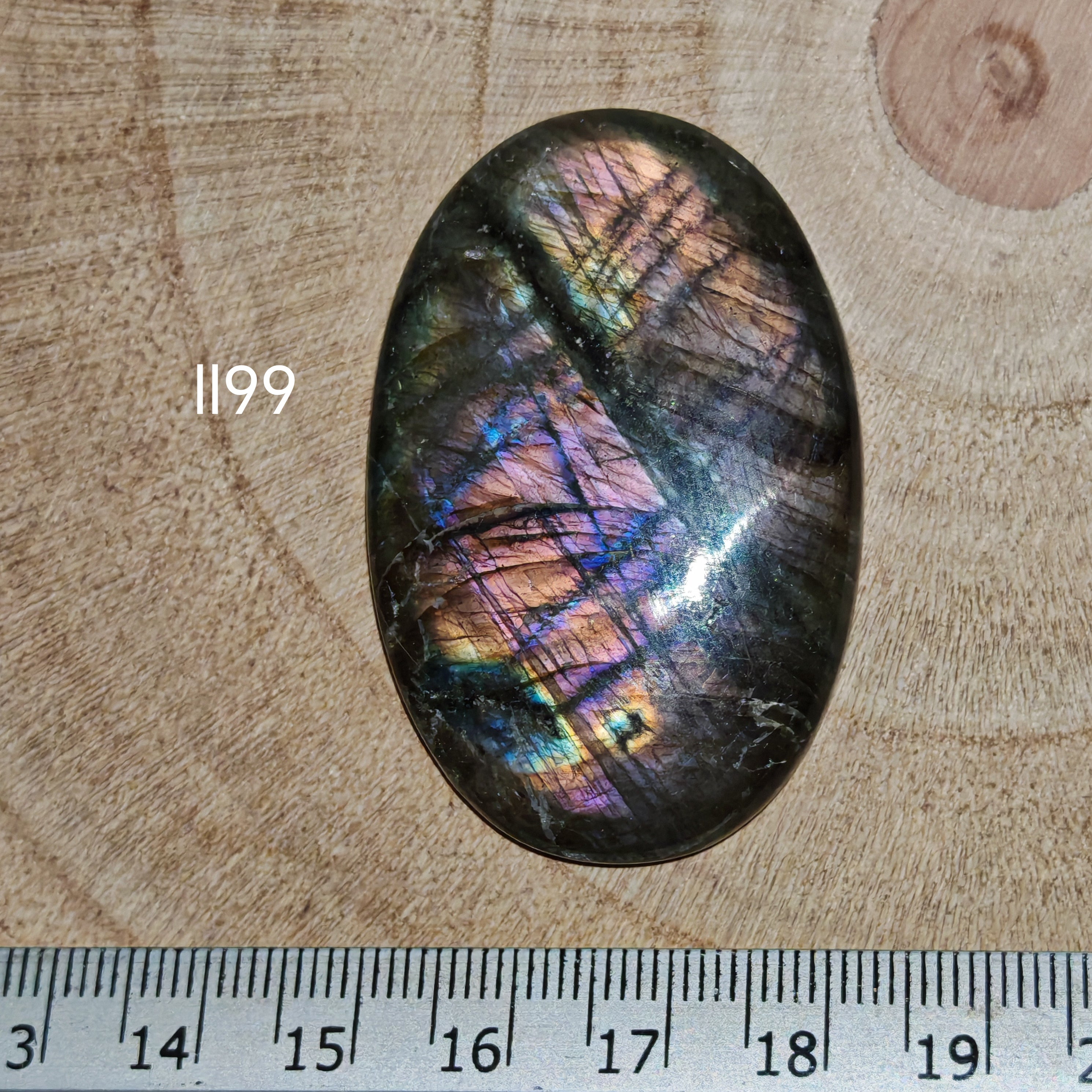 Lila labradorit kabochon Ll99 – ovális, szivárvány multicolor flash, vonalzóval mérve